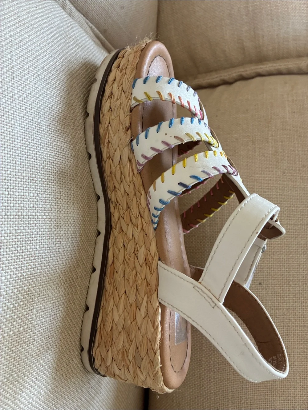 DV by Dolce Vita Girls White Leather Sandals with Multicolor Stitching